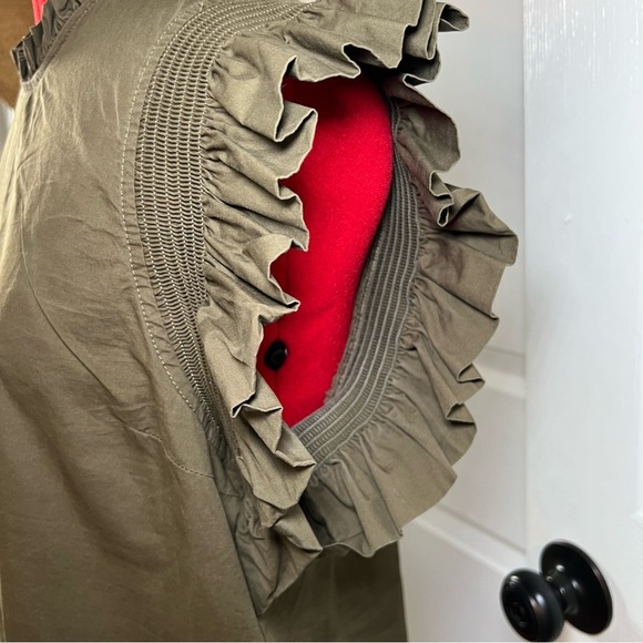 English Factory Ruffle Short Sleeve Poplin Tunic Top Army / Olive Green Womens L - Picture 2 of 6